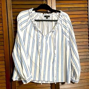 J. Crew blue striped cotton peasant blouse M medium navy white splint neck